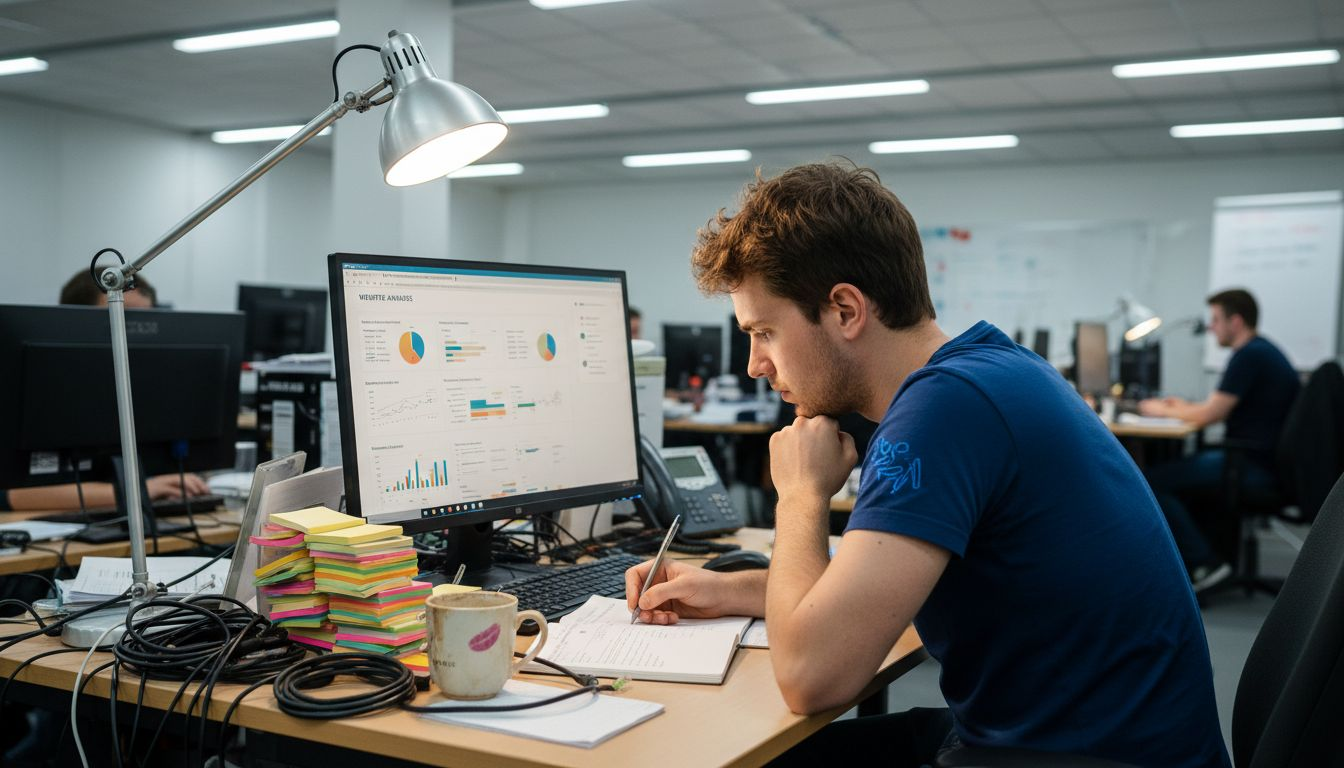 Ein Mann sitzt am Schreibtisch und wirft einen Blick auf die aktuellen Besucherzahlen seiner Website.