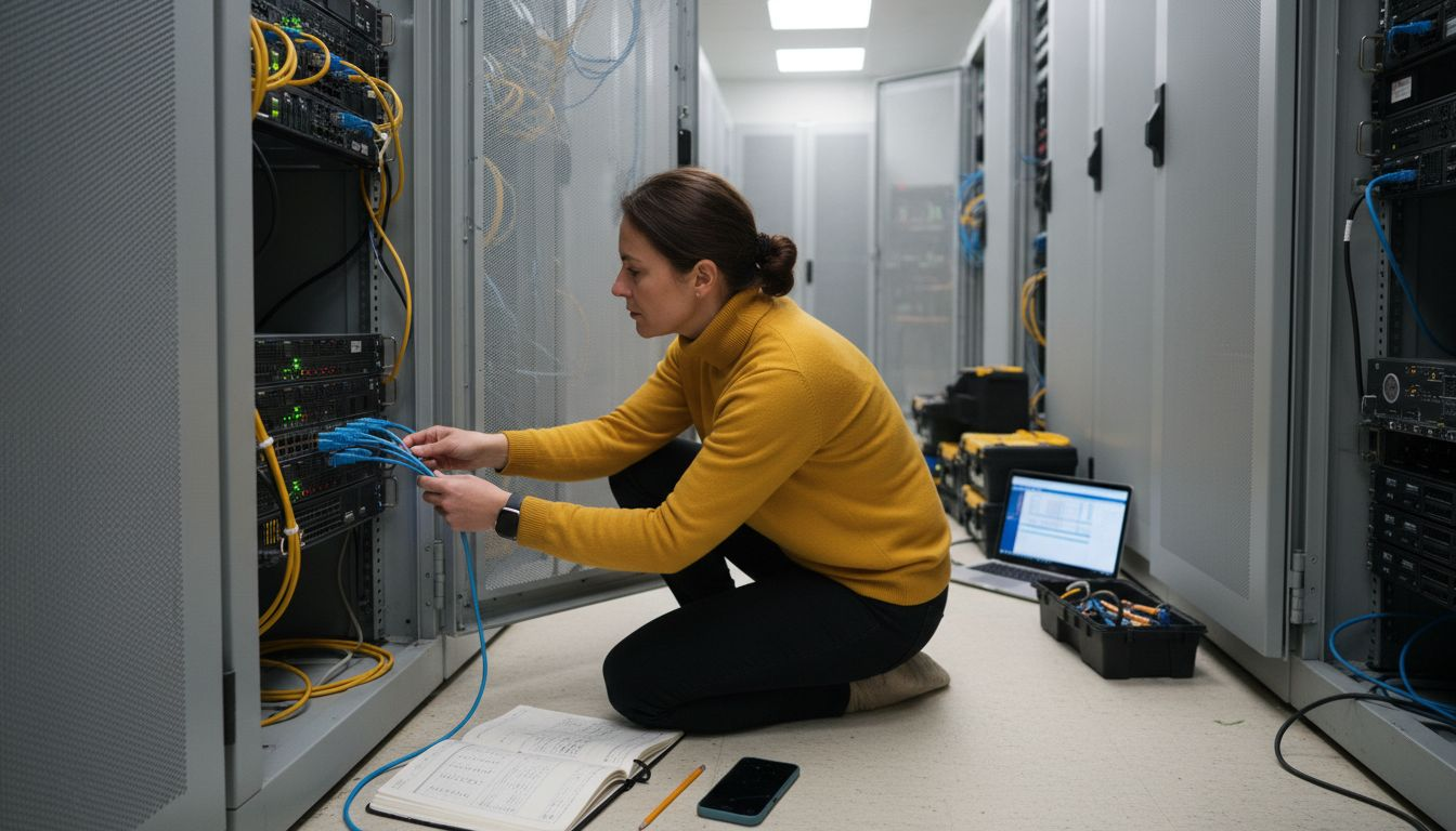 Eine Mitarbeiterin überprüft im Serverraum die technischen Voraussetzungen für eine optimale Suchmaschinenplatzierung.