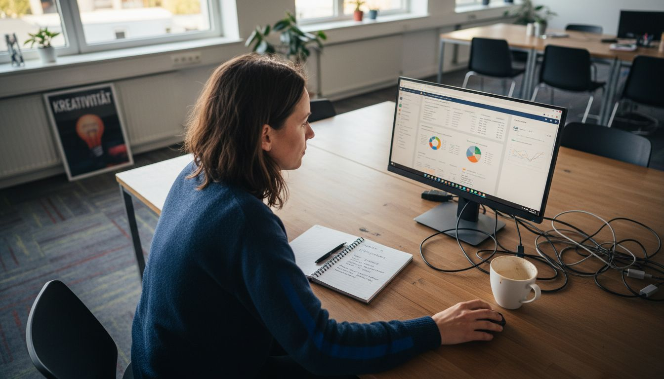 Eine Mitarbeiterin prüft Testdaten einer Website in ihrem Büro.