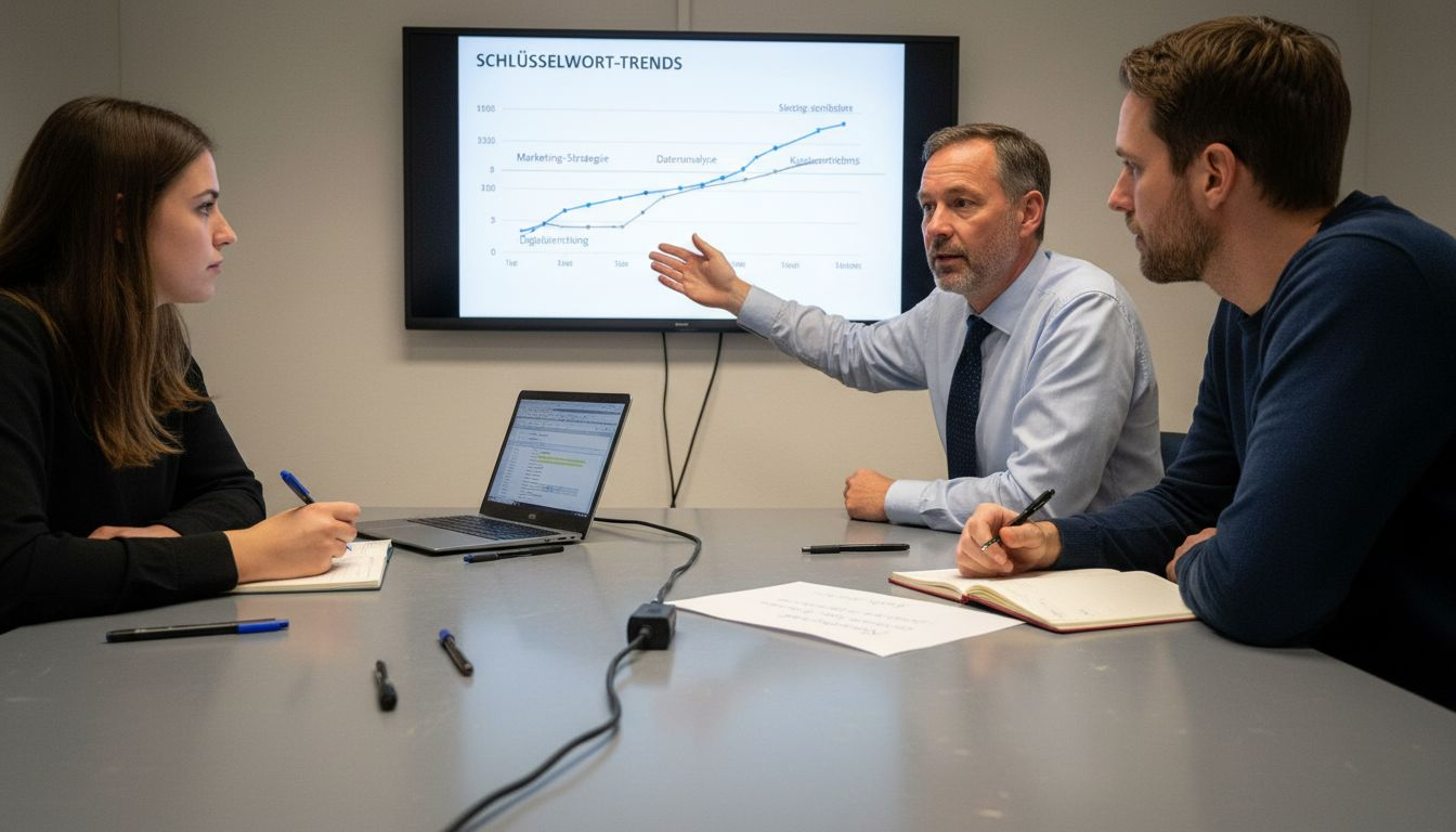 Das Team tauscht sich im Besprechungsraum über aktuelle Marketingzahlen aus.