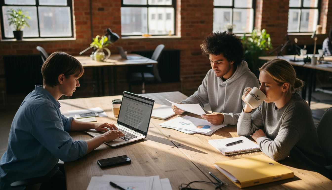 Ein Team sitzt gemeinsam am Konferenztisch und entwickelt eine Strategie für die Inhalte.