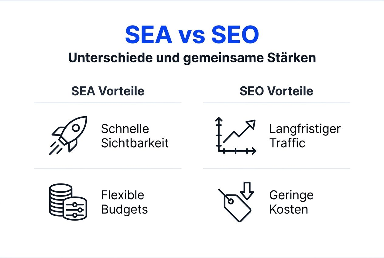 Infografik veranschaulicht die wichtigsten Unterschiede zwischen SEA und SEO
