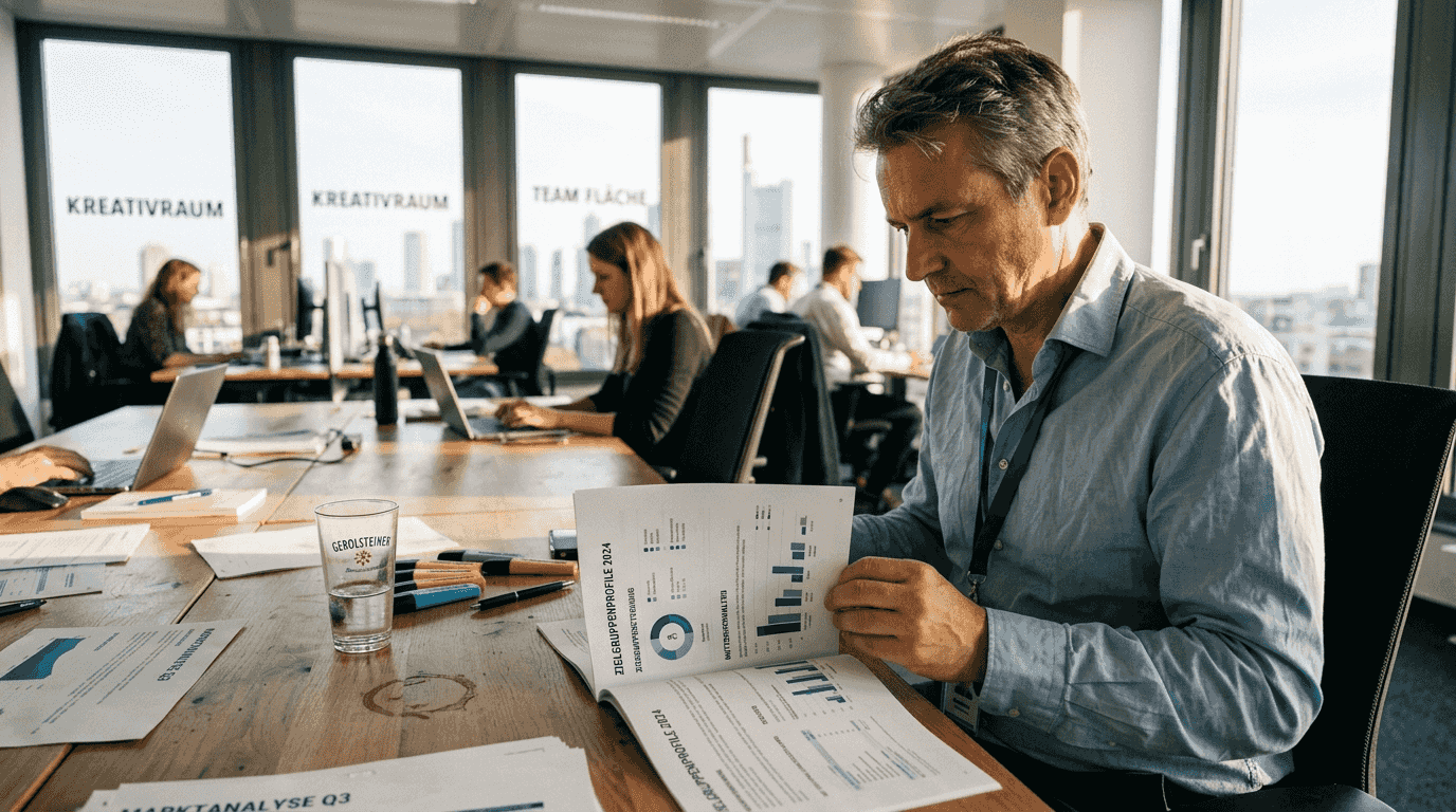 Ein Mann sitzt am Tisch und prüft die Profile seiner Zielgruppe.