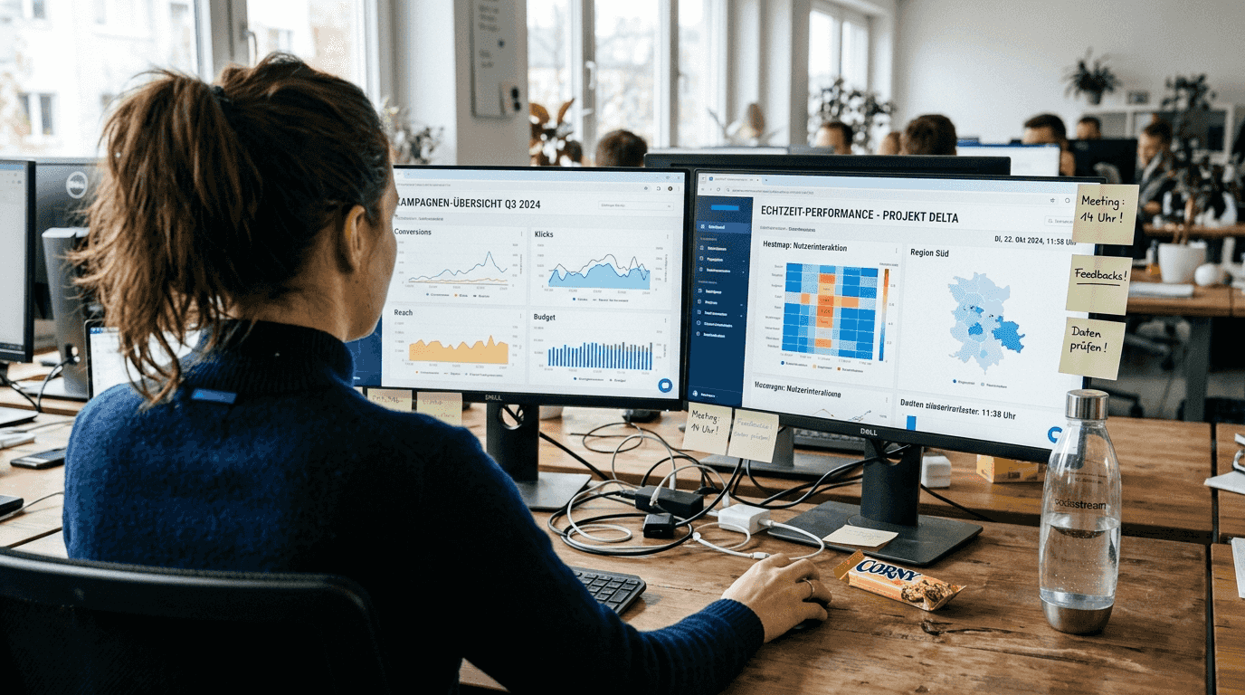 Eine Frau analysiert Marketingdaten mithilfe eines KI-basierten Dashboards.