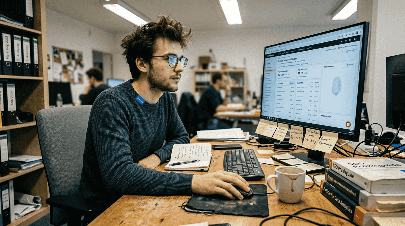 Ein Analyst, der mit SEO-Tools arbeitet und Auswertungen erstellt.