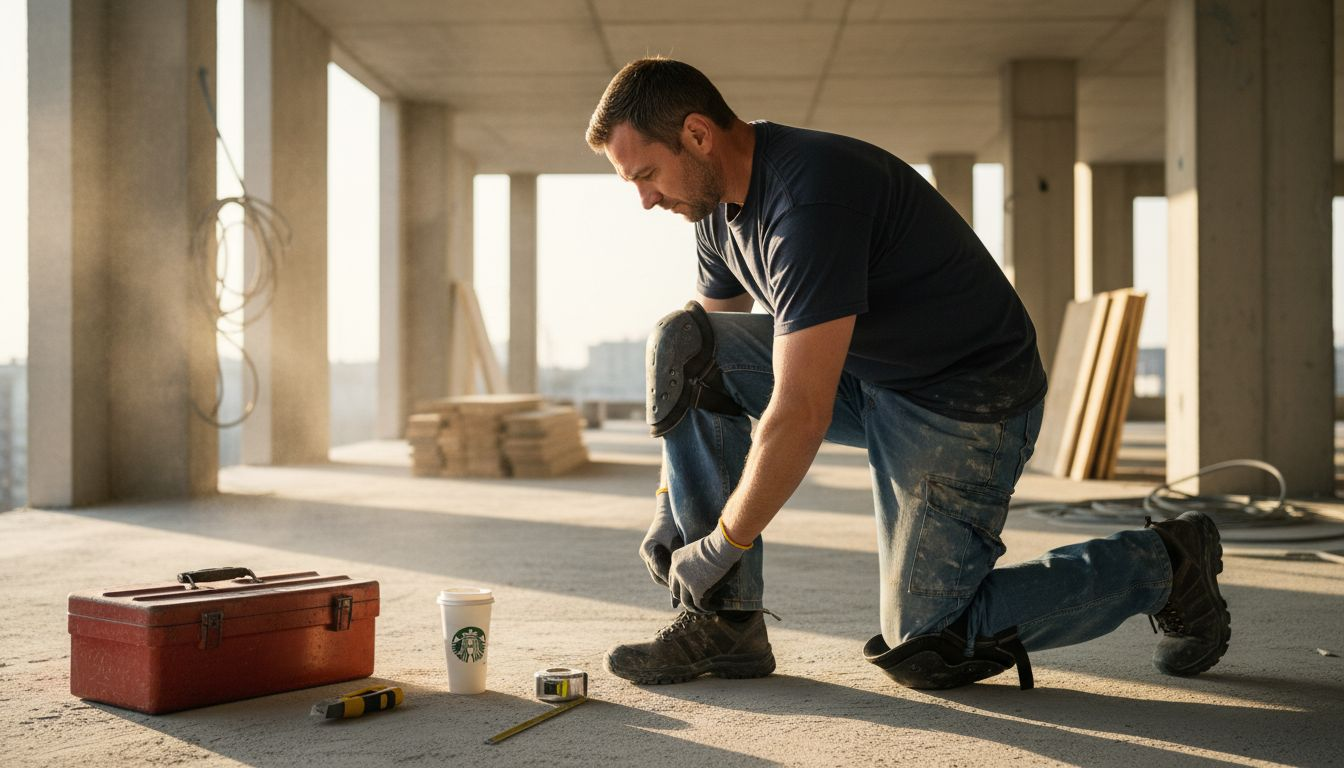 Worker prepares ergonomic kneepads on construction site