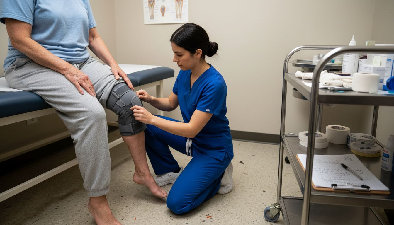 Therapist helps patient with knee support brace