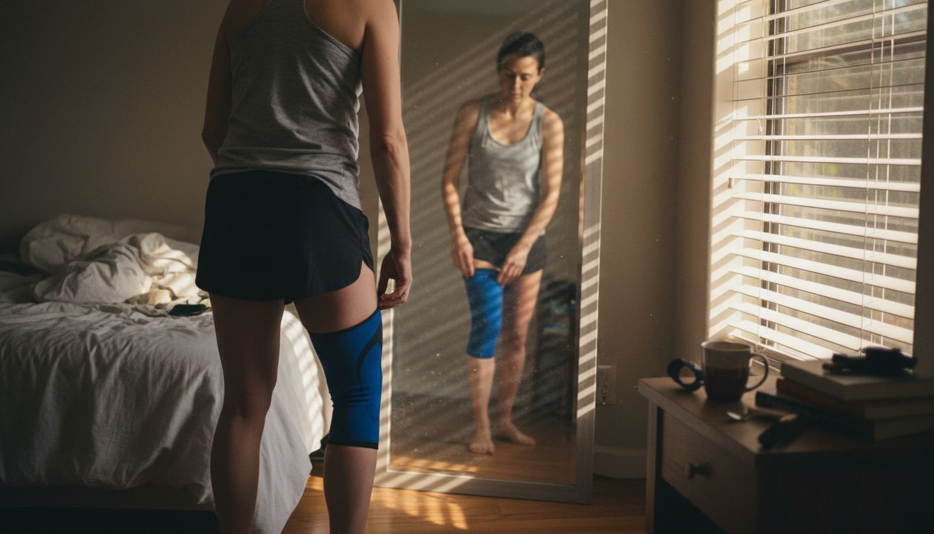 Runner checking knee sleeve fit in mirror
