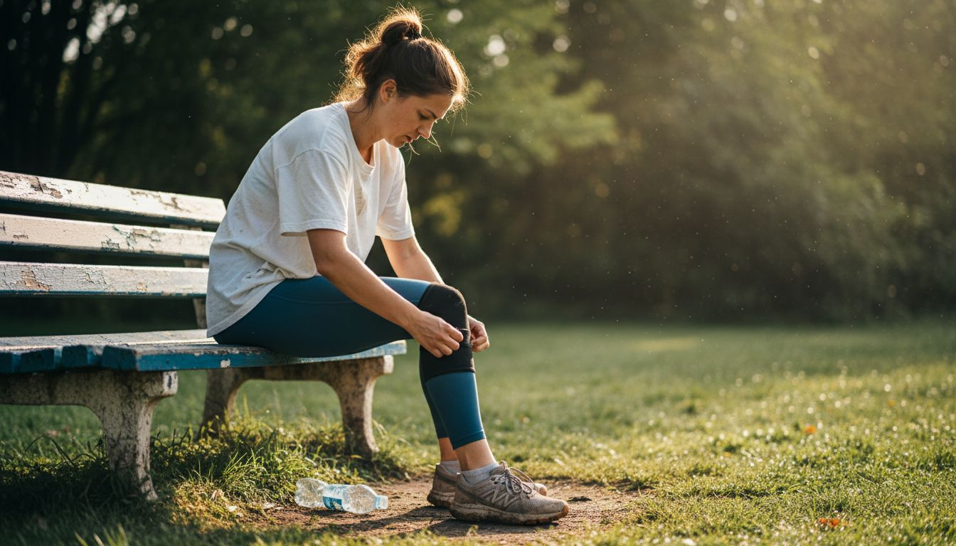 Woman applying compression knee sleeve outdoors