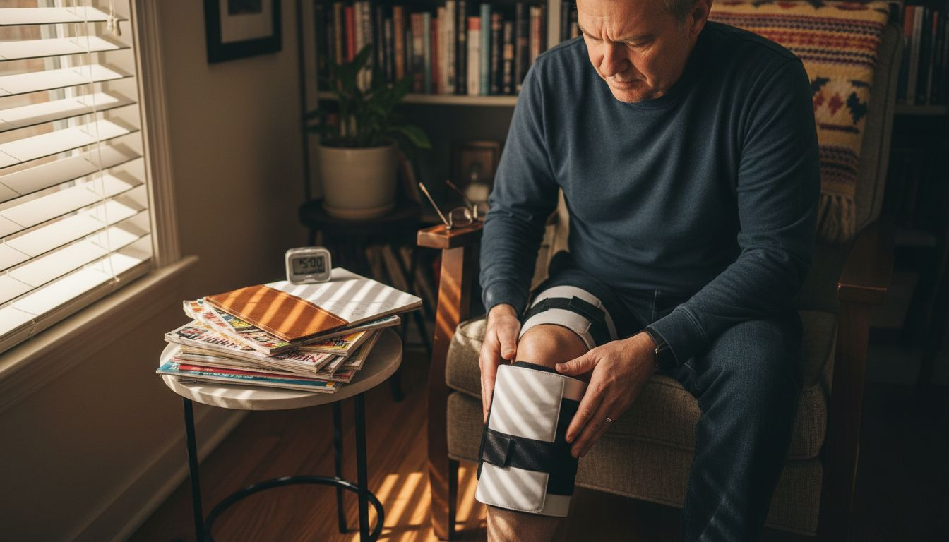 Man monitoring knee during cold therapy