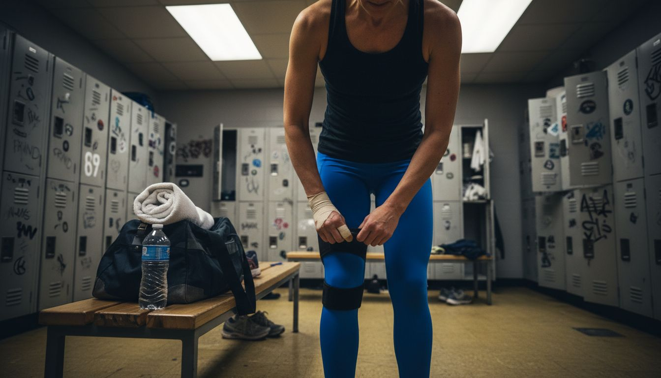 Athlete fastening adjustable knee strap in locker room