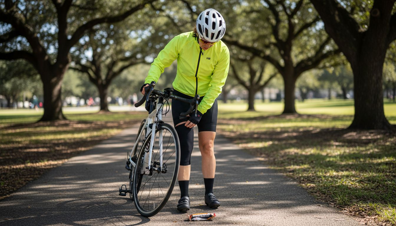 Cyclist adjusting thigh compression sleeve