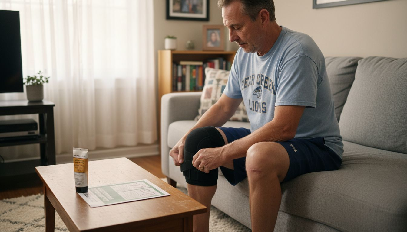 Man applying knee pad for joint pain
