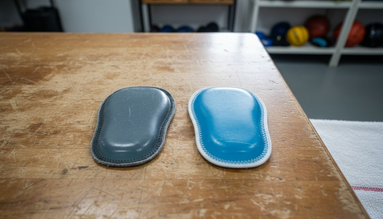 Closeup worn and new gel patella pads