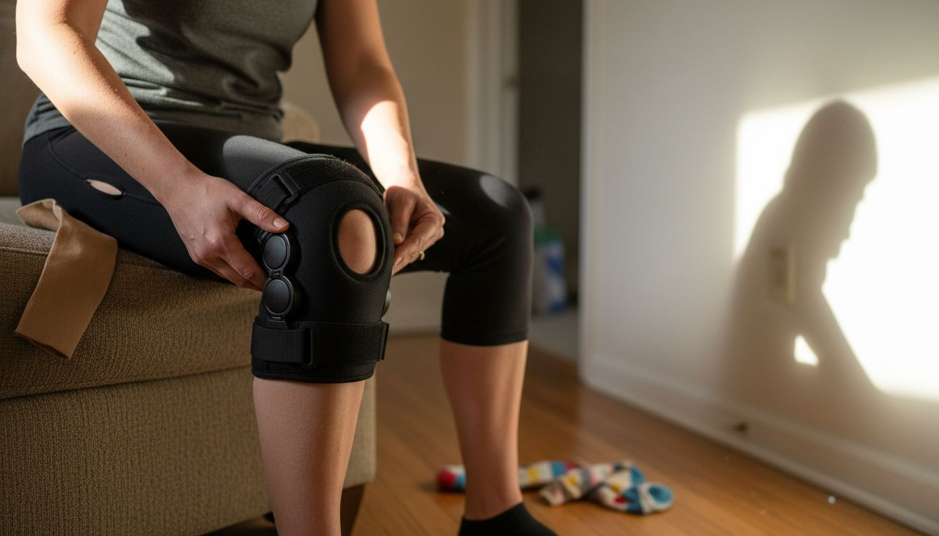 Close-up aligning knee brace over kneecap