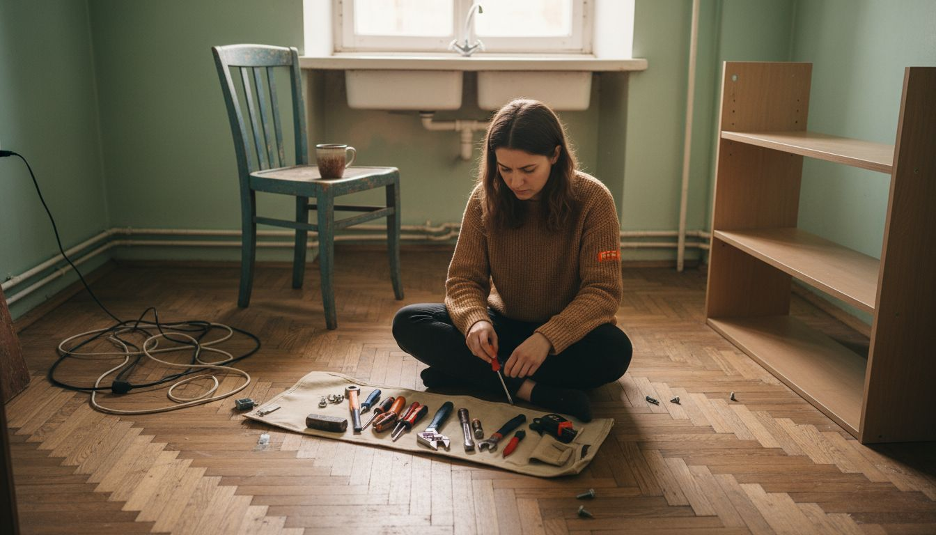 Ένας αρχάριος πιάνει δουλειά, τοποθετώντας τα βασικά εργαλεία για τις πρώτες του κατασκευές στο πάτωμα, προσπαθώντας να οργανώσει σωστά ό,τι χρειάζεται για το DIY ξεκίνημά του.