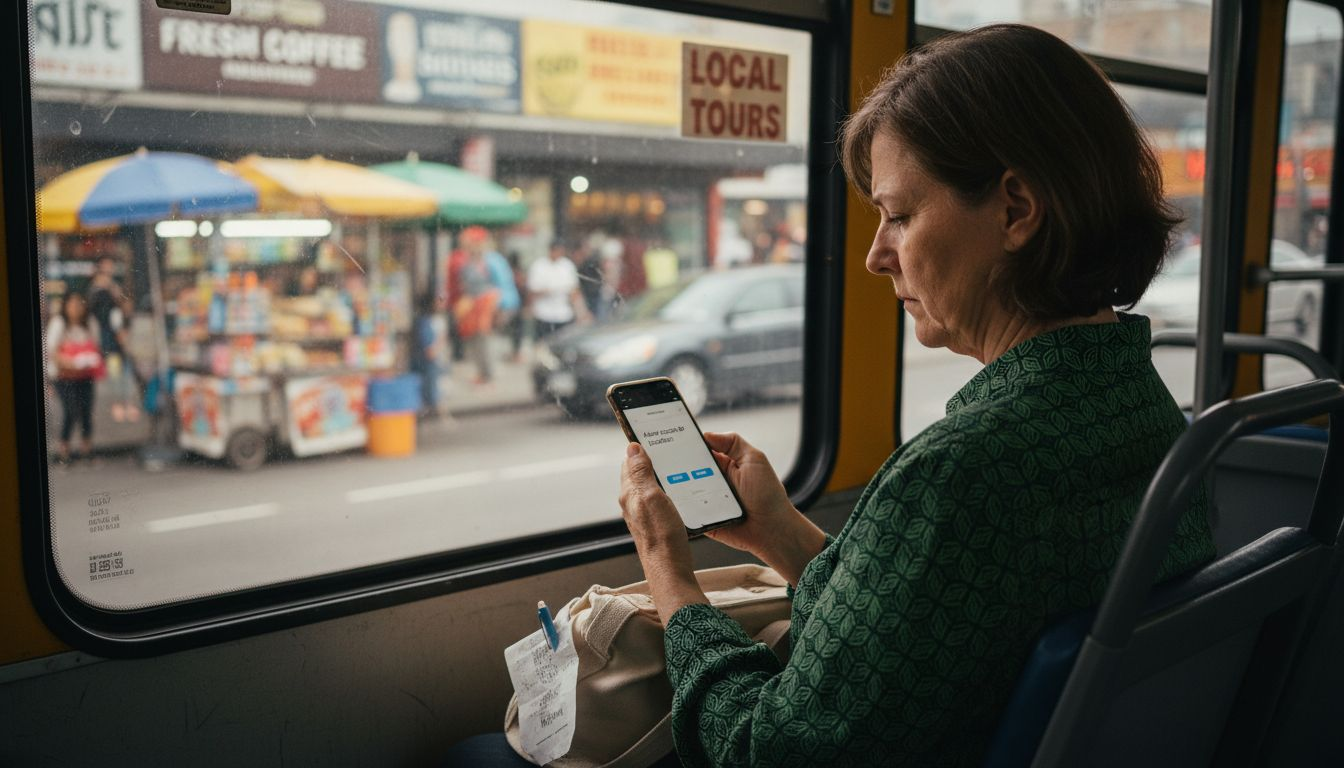 Woman checking phone app permissions in city bus