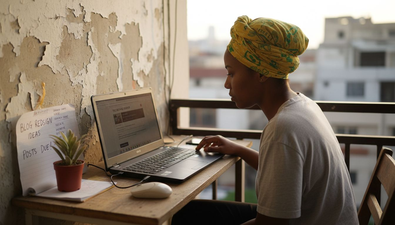 Woman setting up Nigerian blog design on laptop