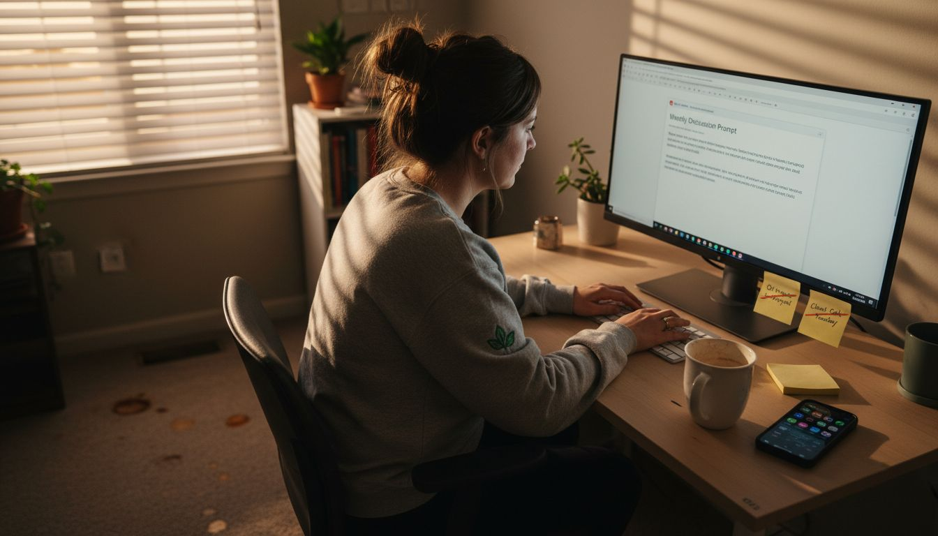 Woman typing discussion prompt in home office