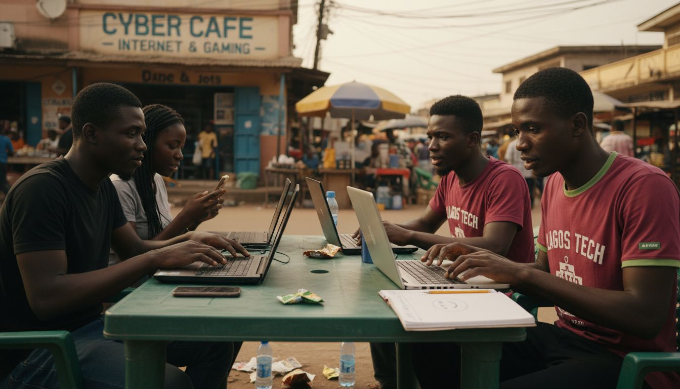 Young adults discussing in Nigerian cybercafe