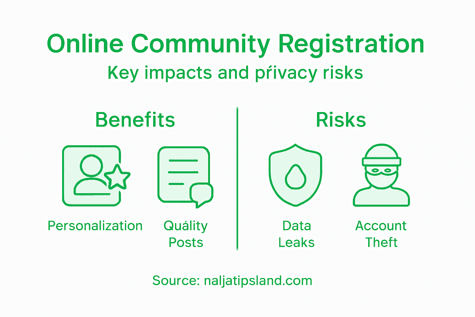 Role of Registration in Online Communities: Impact and Risks 2 Infographic on registration benefits and risks overview