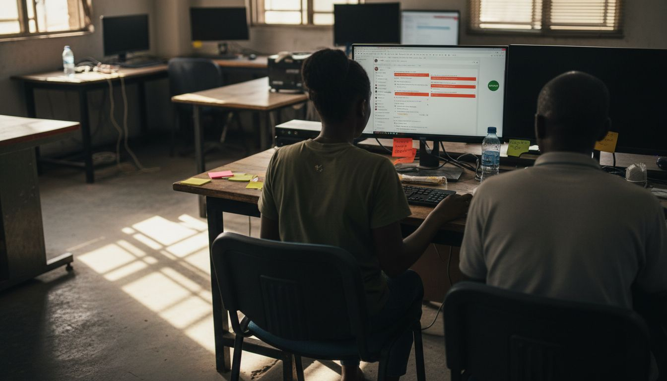 Moderators reviewing flagged posts in Abuja workspace