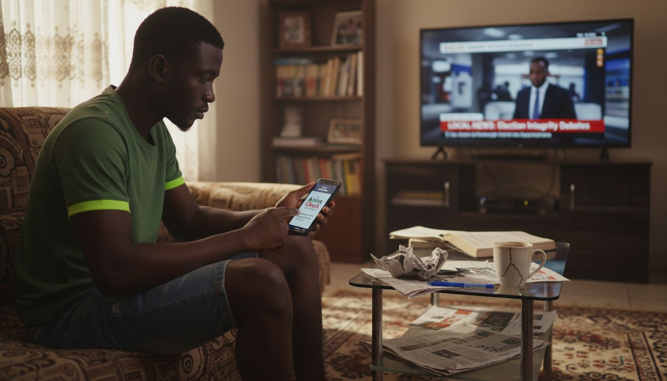 Young Nigerian fact-checking political news at home