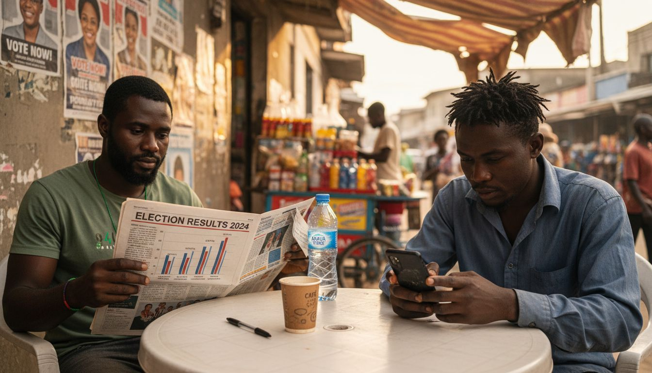Men reviewing Nigeria Ghana election results news