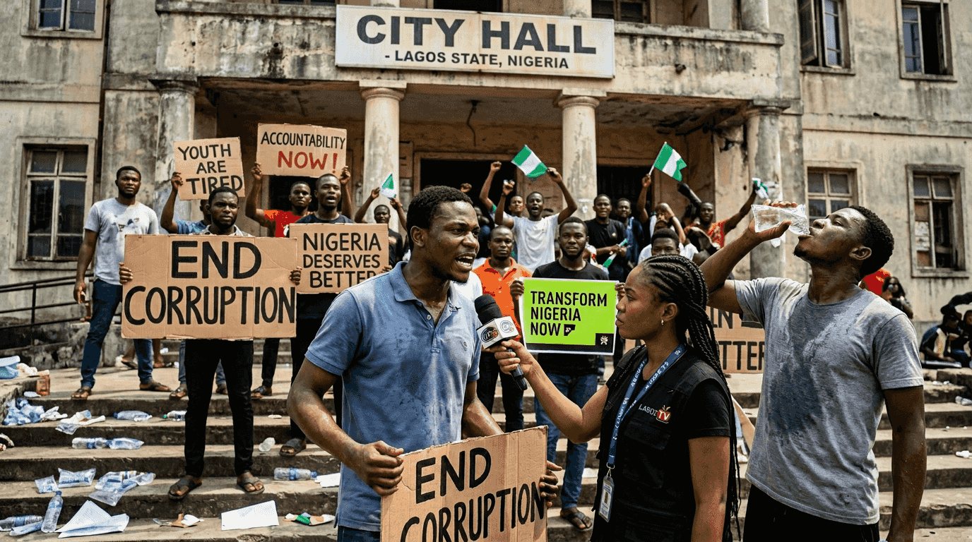 Young Nigerians protesting corruption at city hall