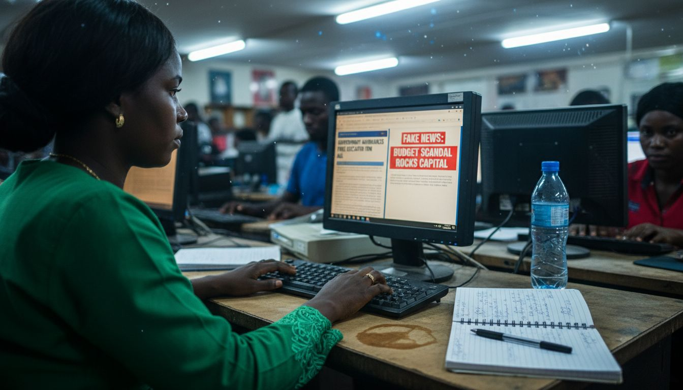 Nigerian woman verifying news on computer