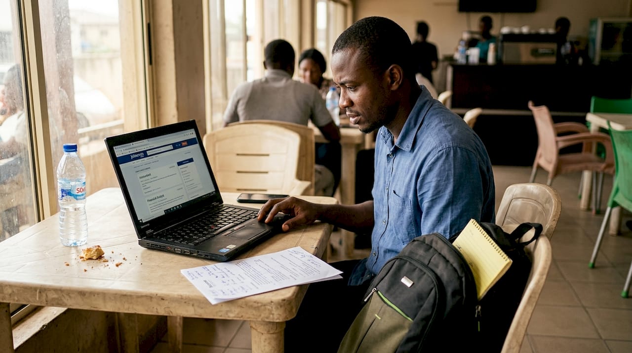 Man reviewing CV and laptop at café table