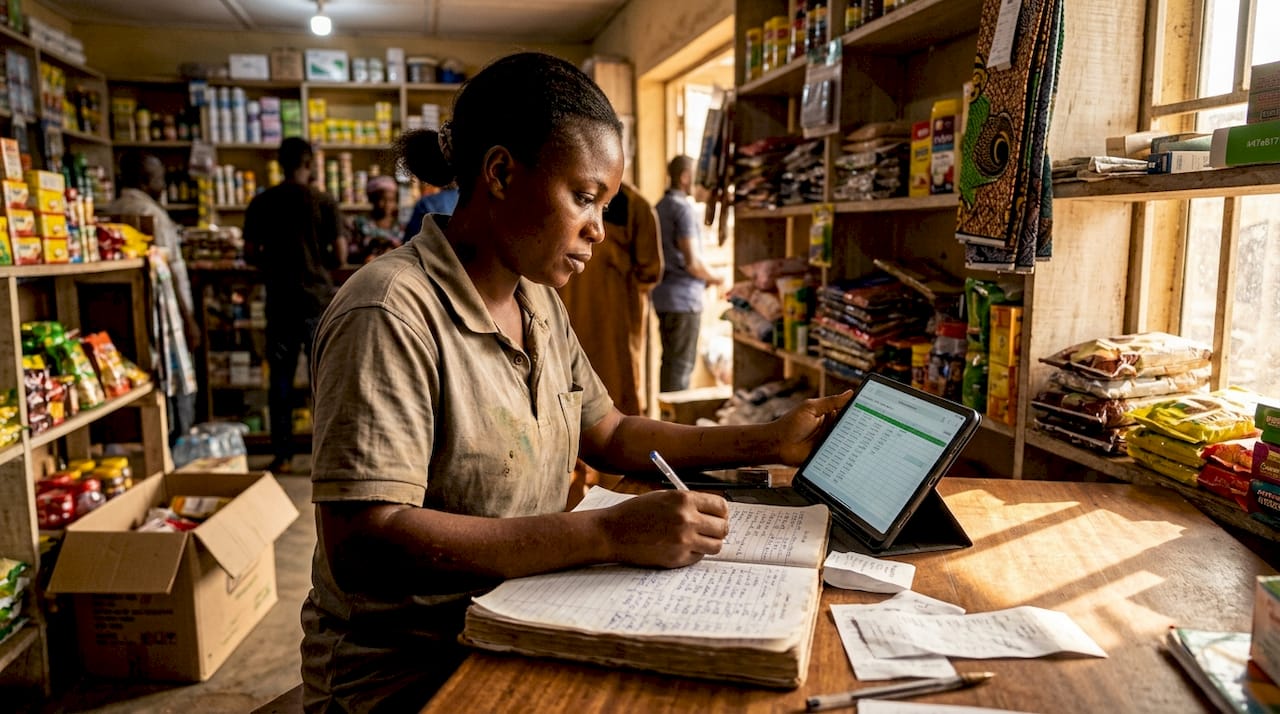 Nigerian shop owner using blockchain tools