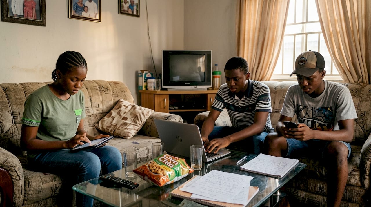 Nigerian teens using devices in living room