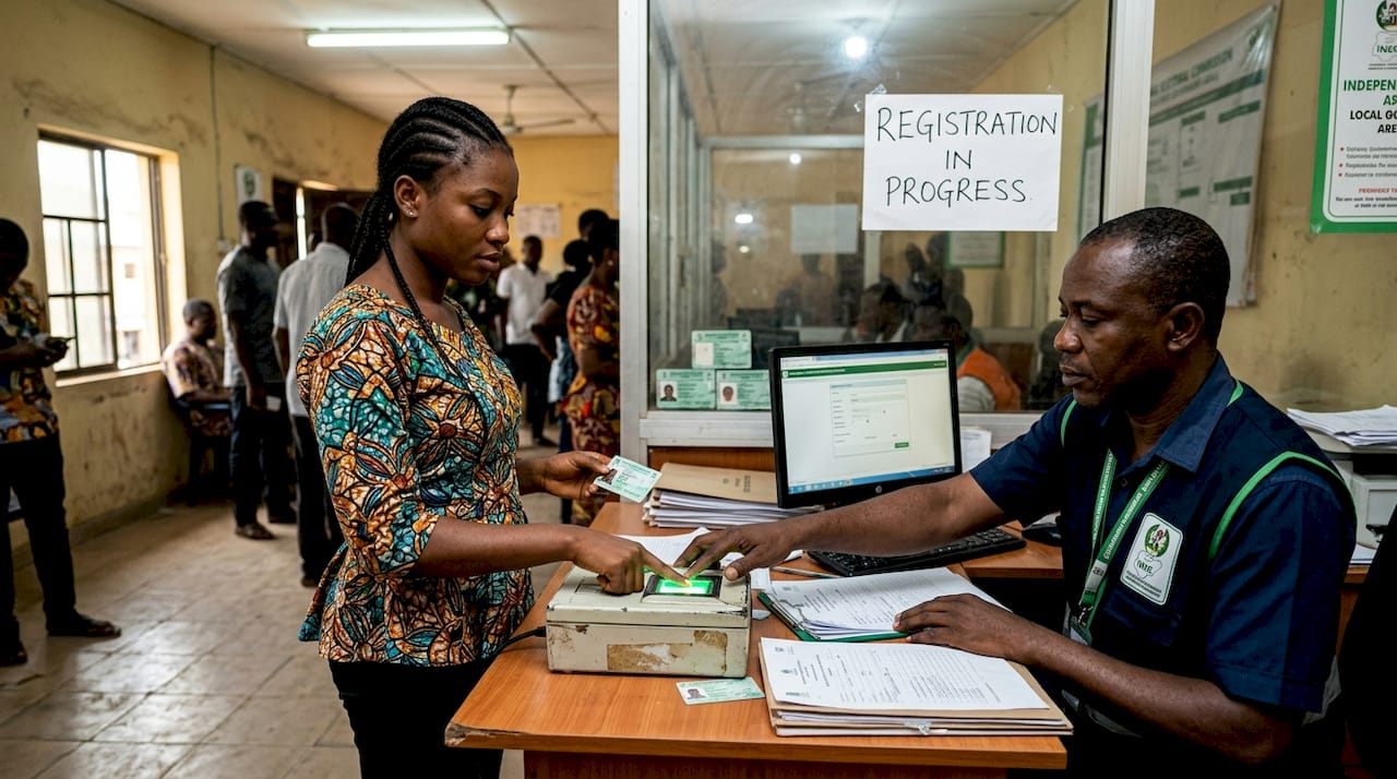 Woman completing biometric voter registration