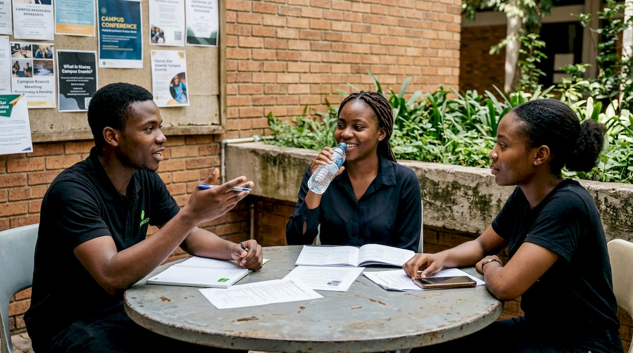 Nigerian students discussing recent events outside