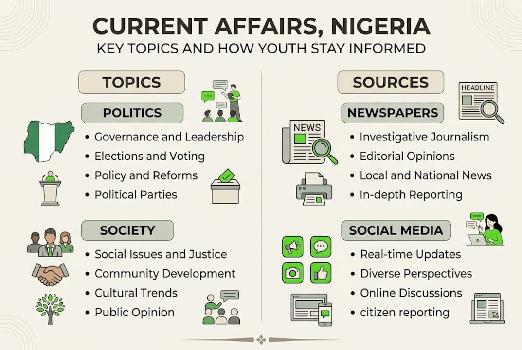 Infographic on current affairs key topics and sources