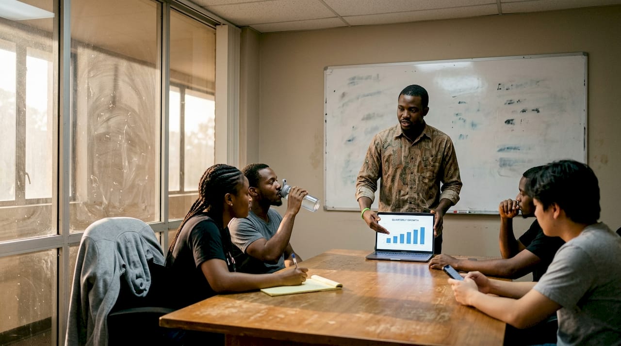 Nigerian entrepreneur pitching to team in office