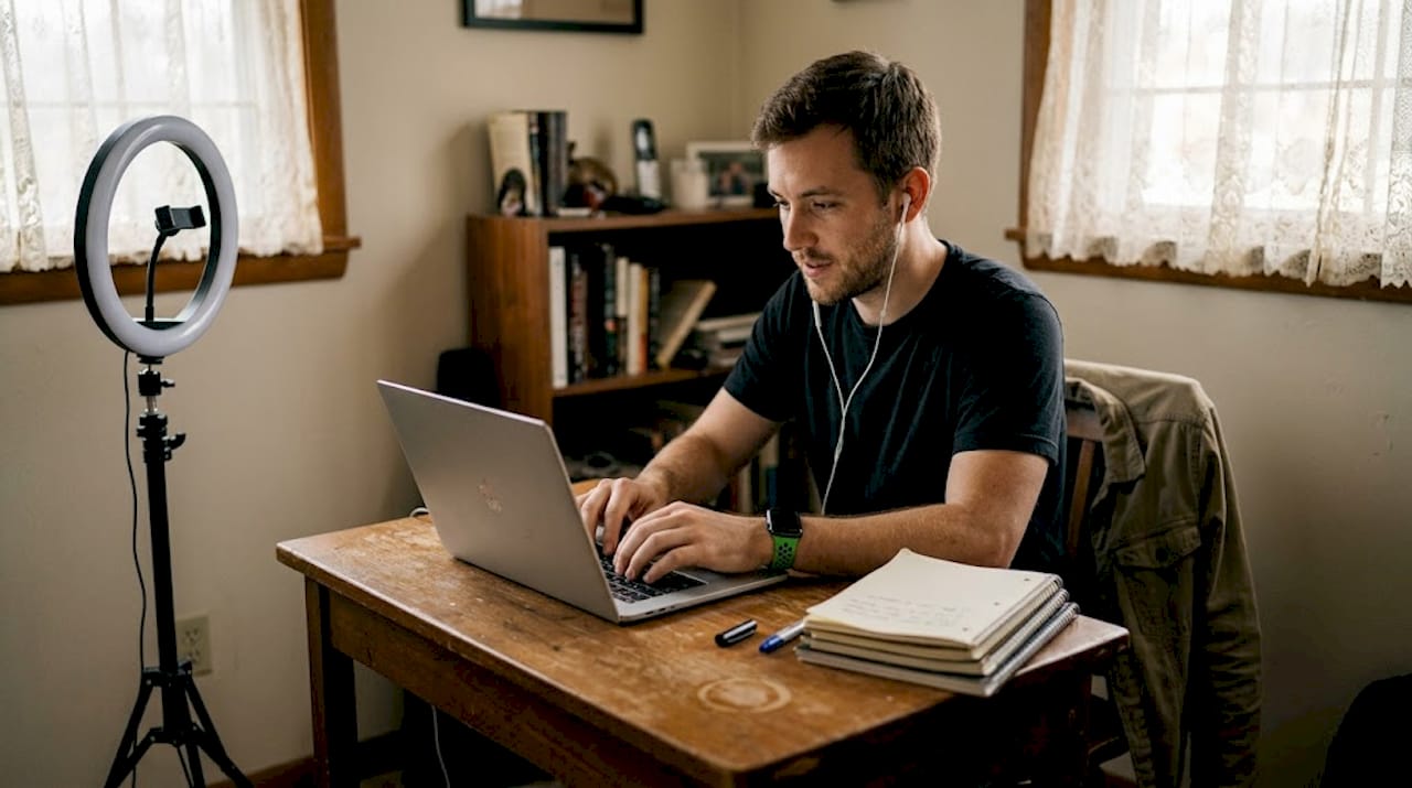Nigerian micro-influencer at laptop in home office