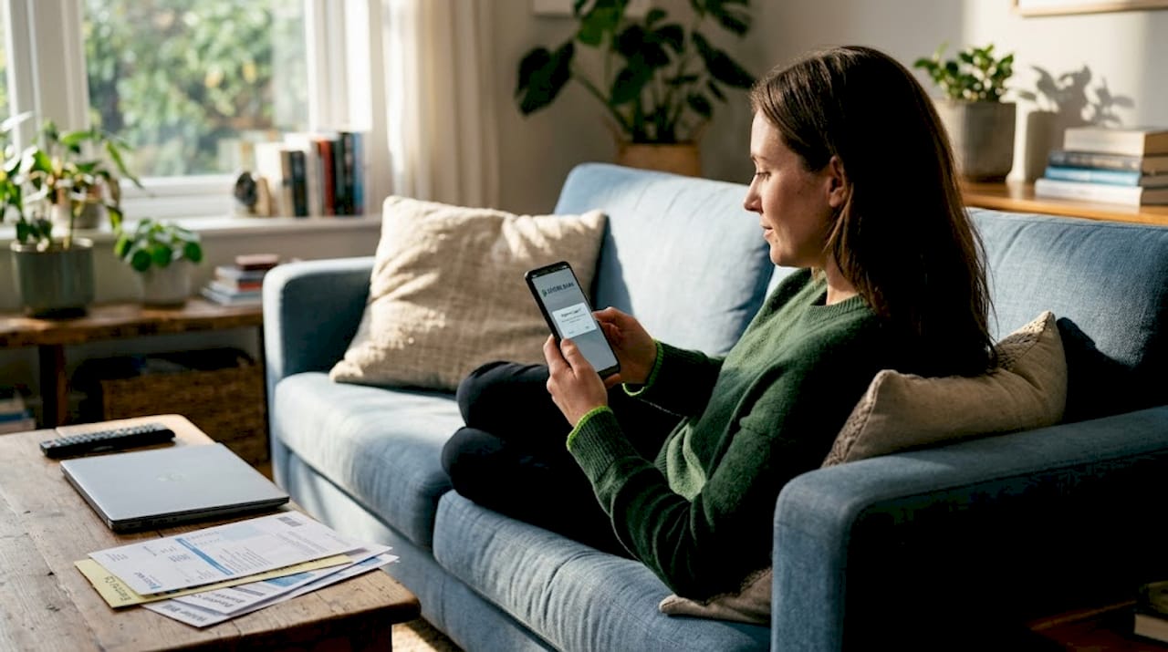 Nigerian woman uses secure banking app at home