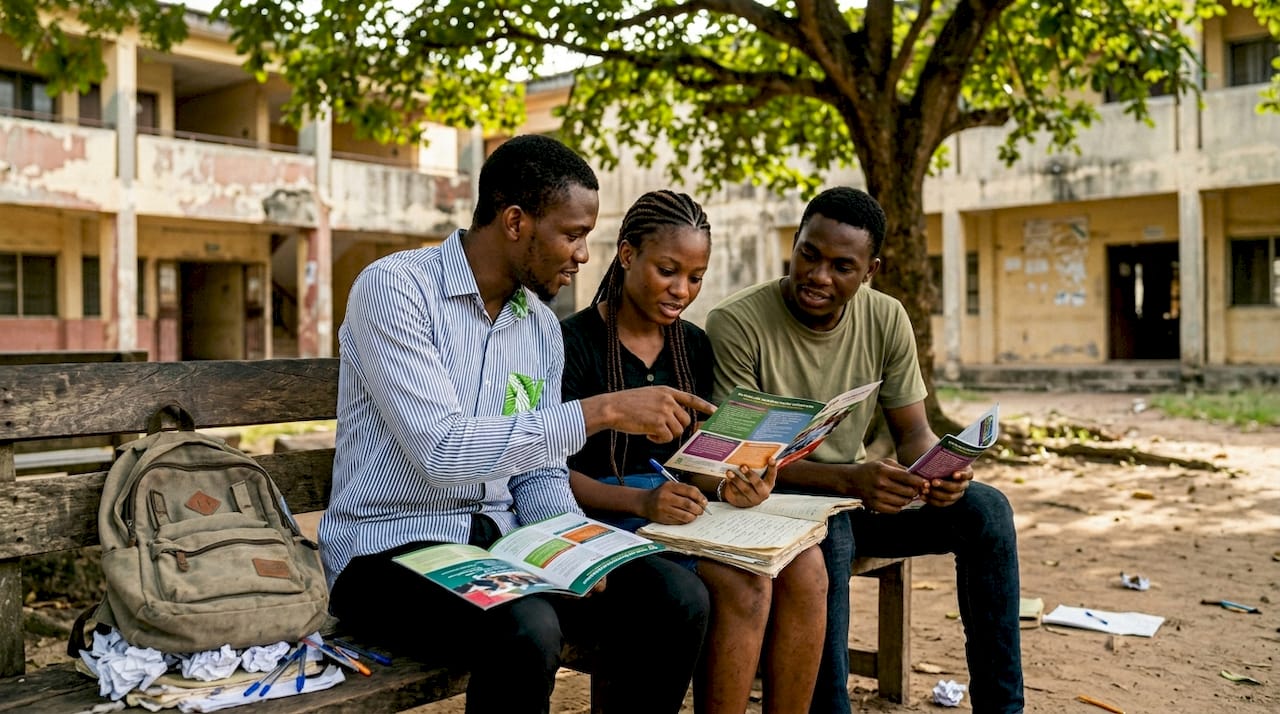 Top 5 education scholarships for Nigerians in 2026 2 Students discuss scholarship options on campus bench