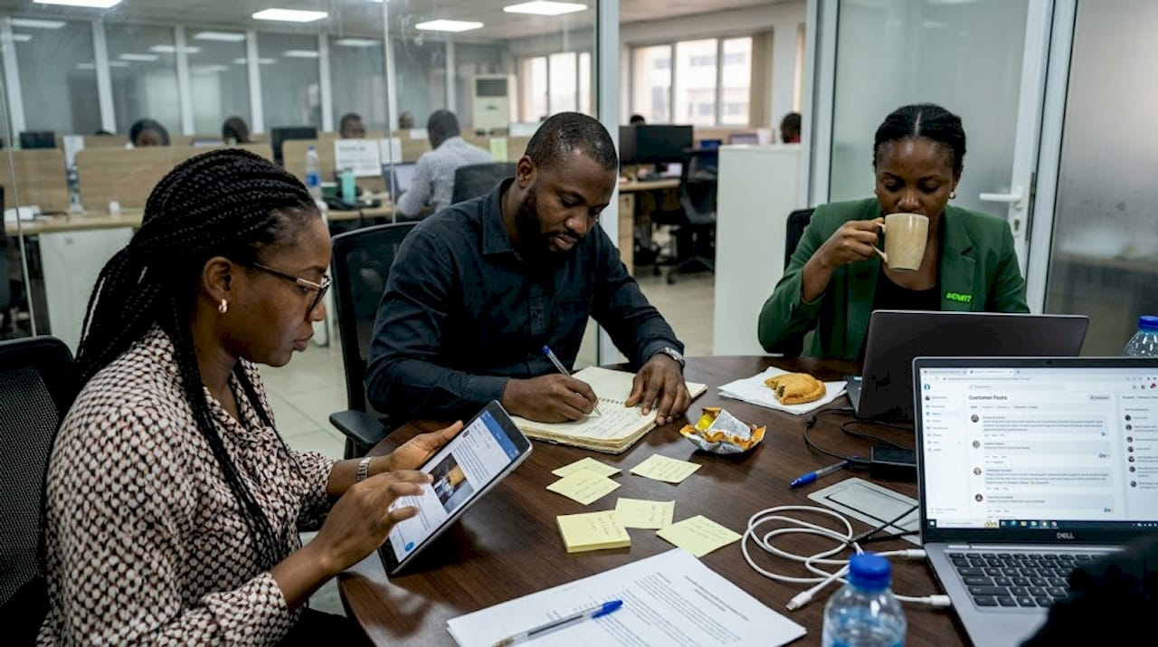 Team reviews UGC social media in office
