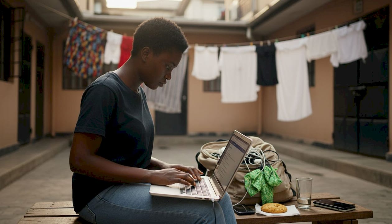 Student using laptop with mobile hotspot outdoors