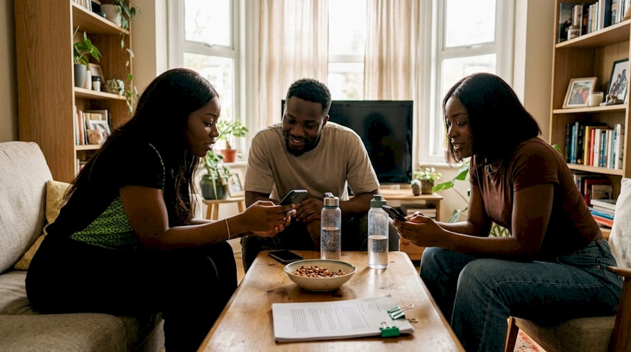 Friends chatting in cozy living room with phones