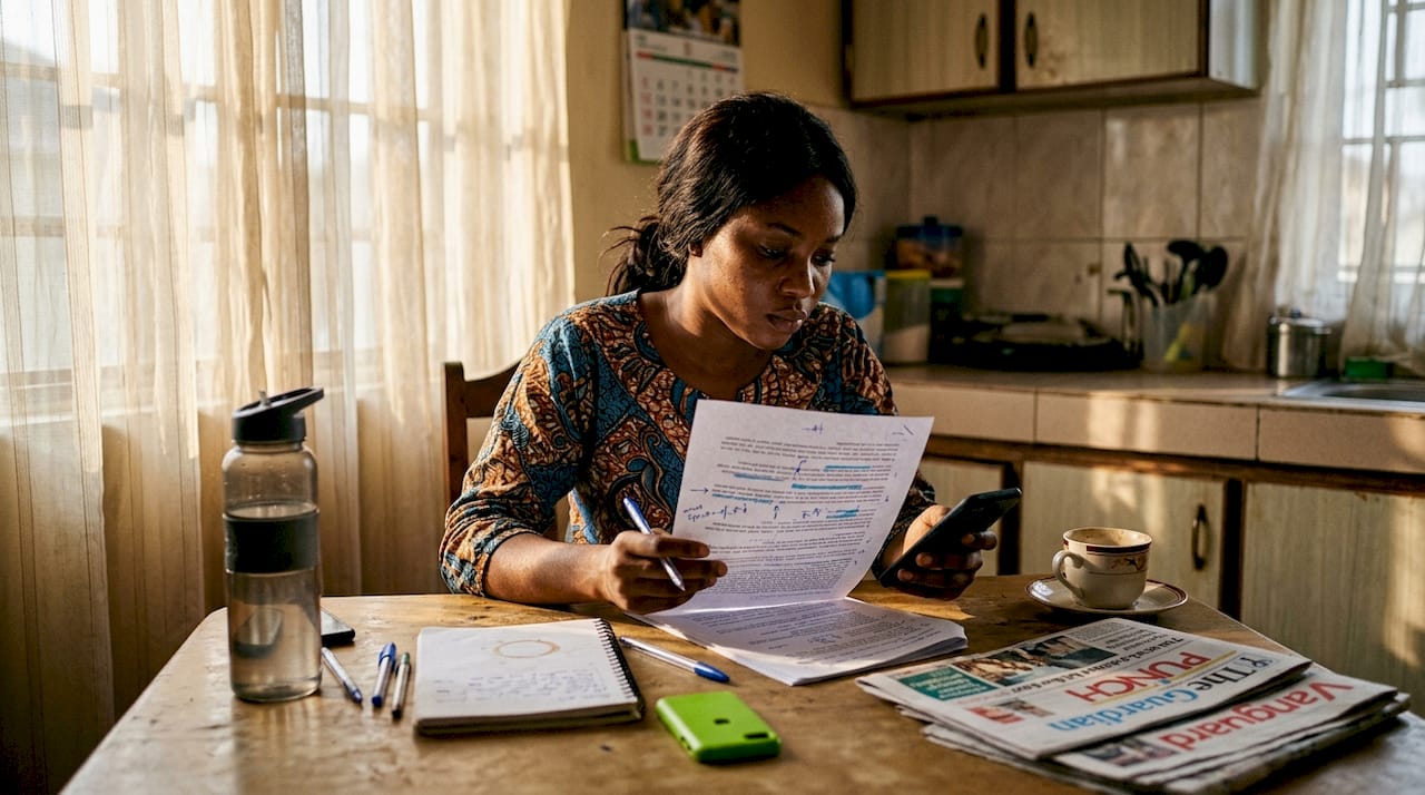 Journalist fact-checking at home kitchen table