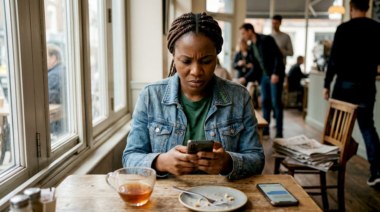 Woman at café reviews suspicious smartphone message