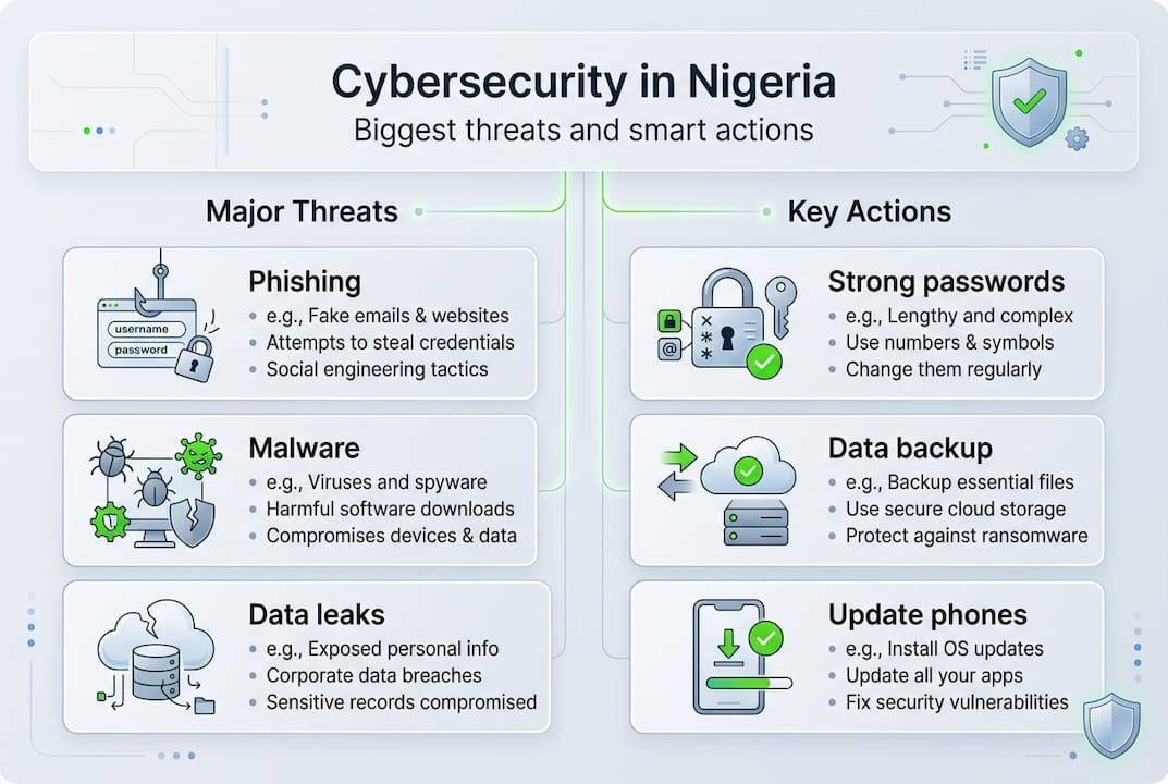 Infographic showing key Nigerian cyber threats and solutions