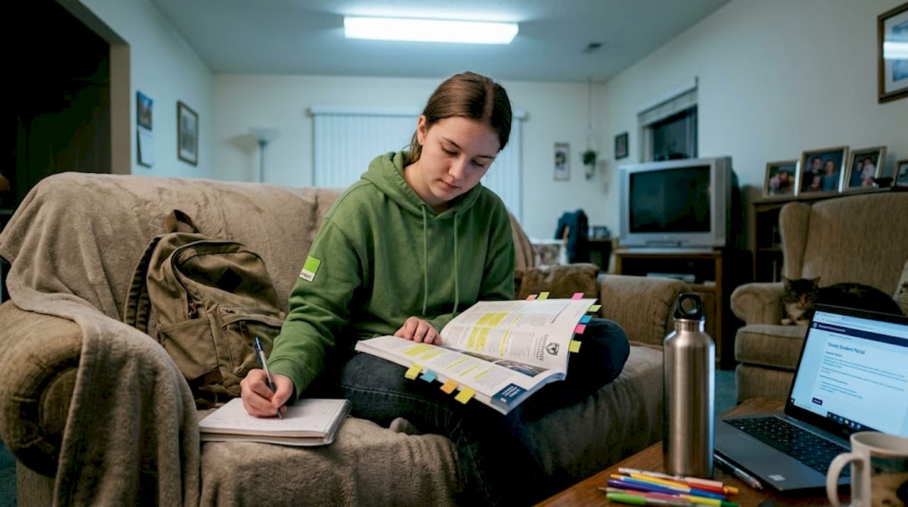 Student researching course selection with brochure
