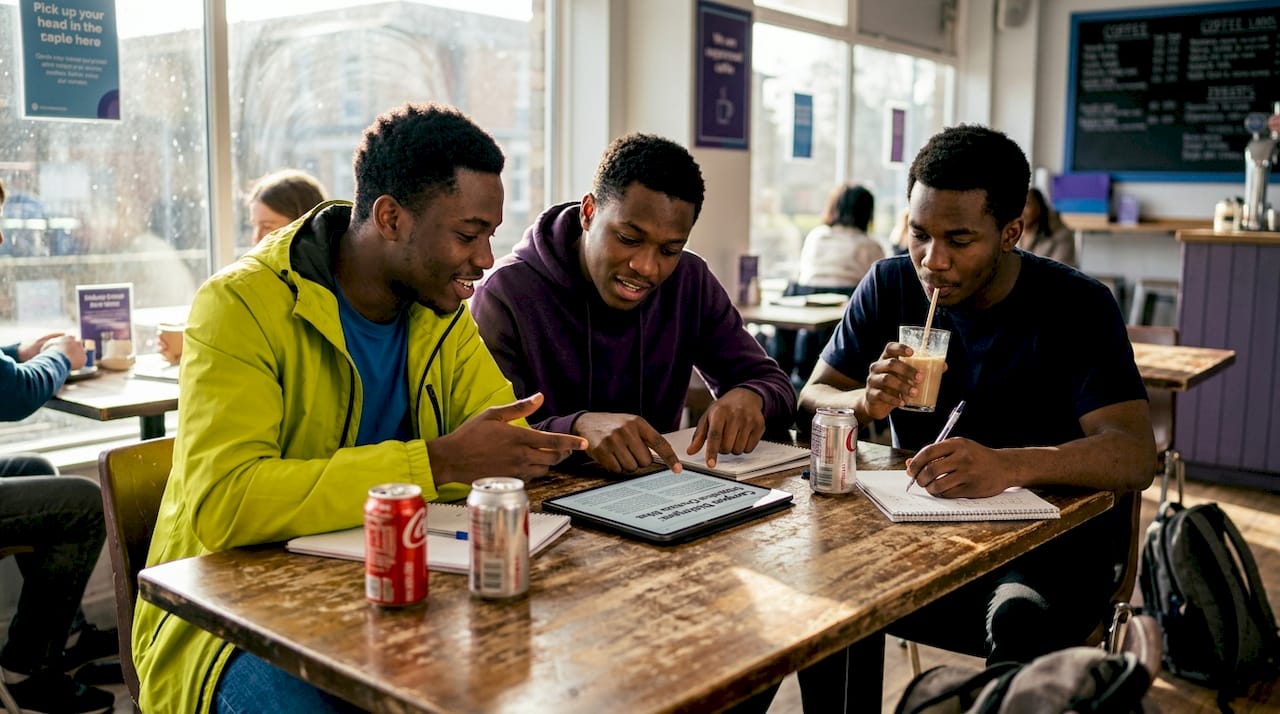 Students debating news in campus café