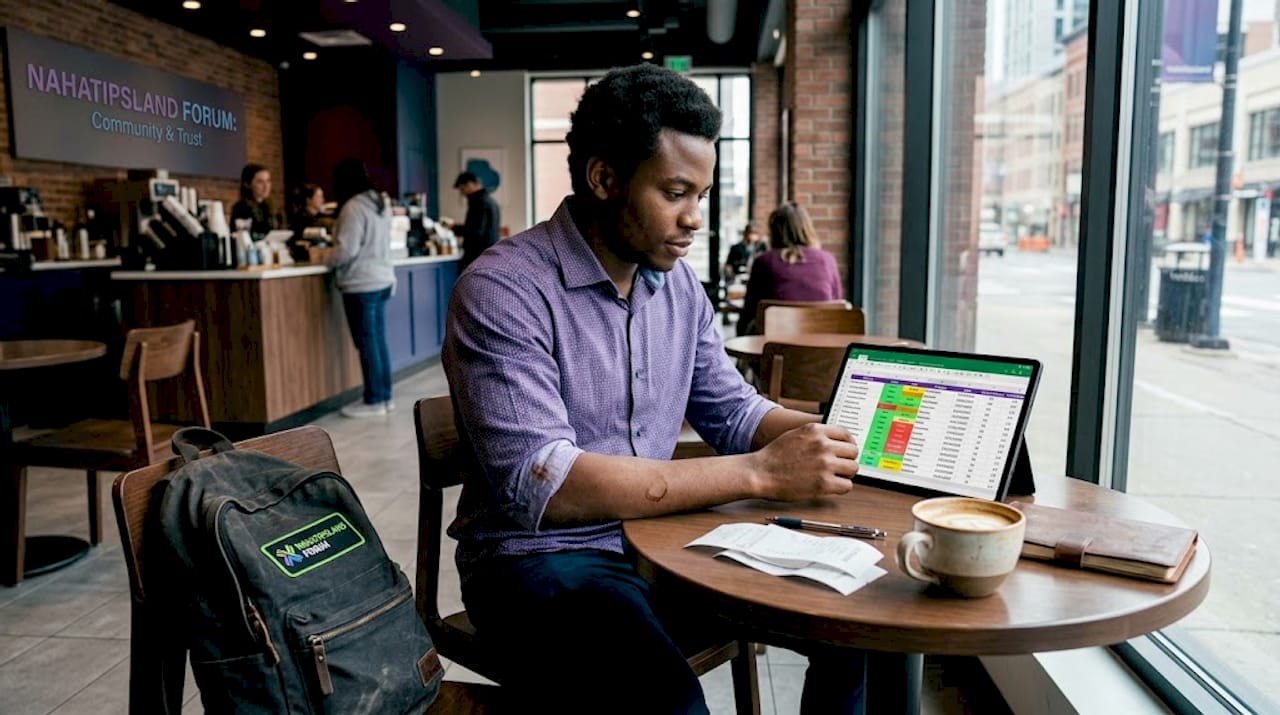 Man planning content calendar in Nigerian café