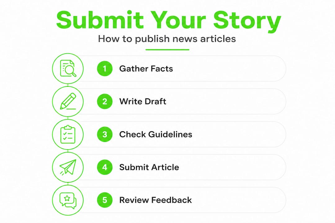 Infographic showing five news article submission steps